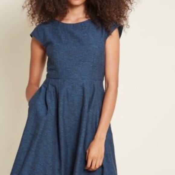 Mata Traders Navy Blue A-Line Mini Dress Cap Sleeve Fit Flare Cotton Sz L - Picture 1 of 6